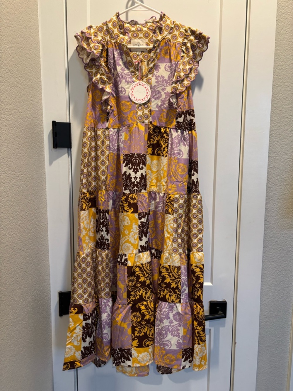 Patchwork Ruffle Midi Dress in Yellow, Lavender & Brown